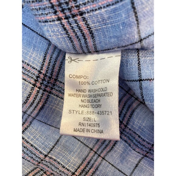 Verte Blouse Size Large Top Off Shoulder (or on) Baby Blue Plaid w Pink Cropped - Picture 6 of 9